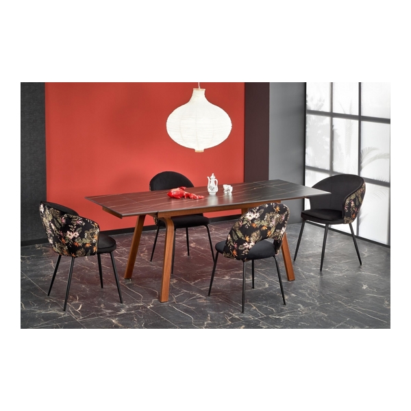 Стол обеденный HALMAR LOZANO раскладной, черный мрамор/ореховый, 140-200/82/76 - фото
